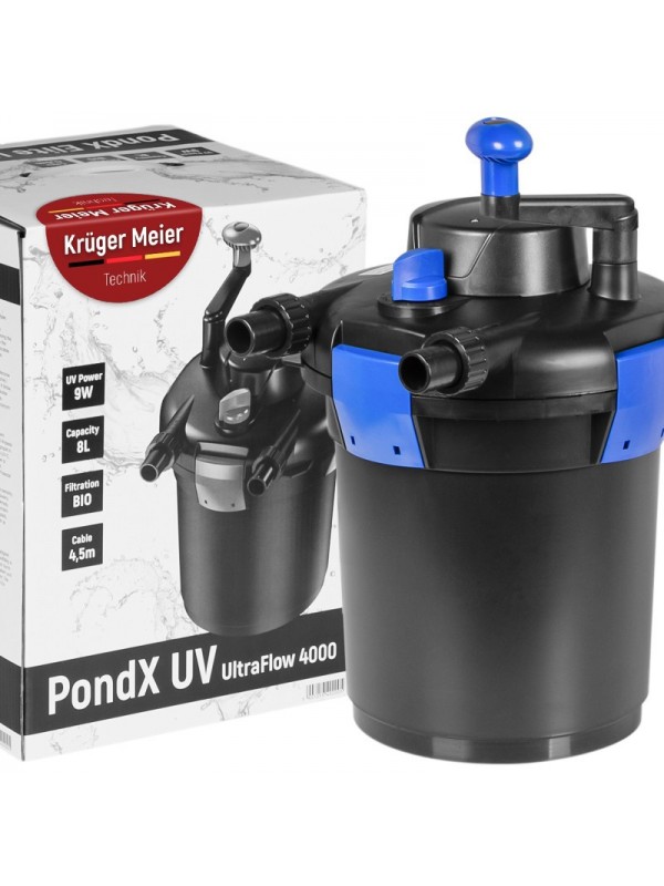 Ставковий фільтр, напірний Kruger Meier PondX UV 4000 з лампою 9 Вт та швидким очищенням для декоративних водойм